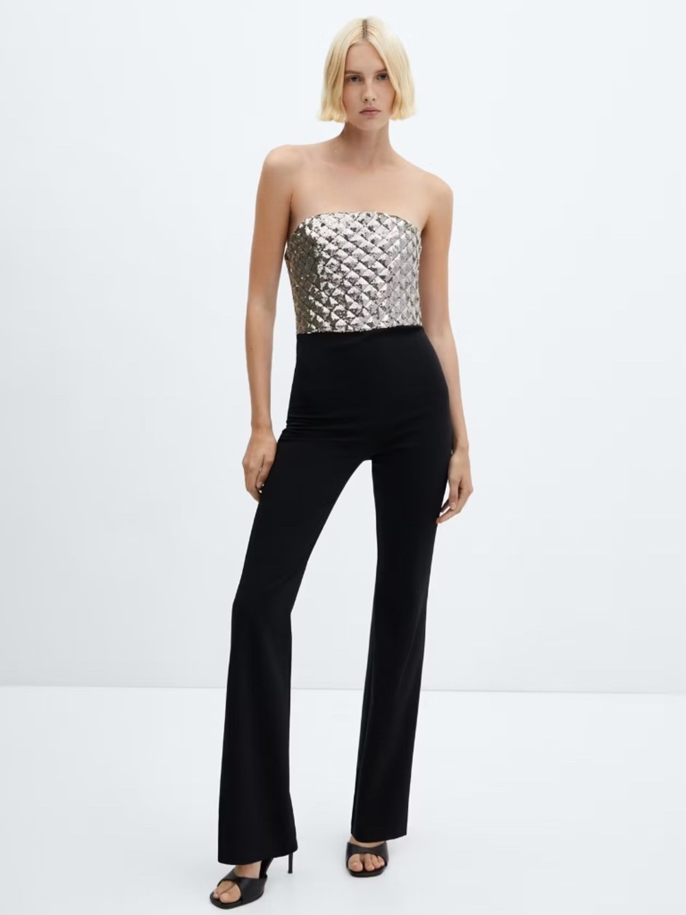 Mango Silver Sequin Strapless Black Flare Jumpsuit